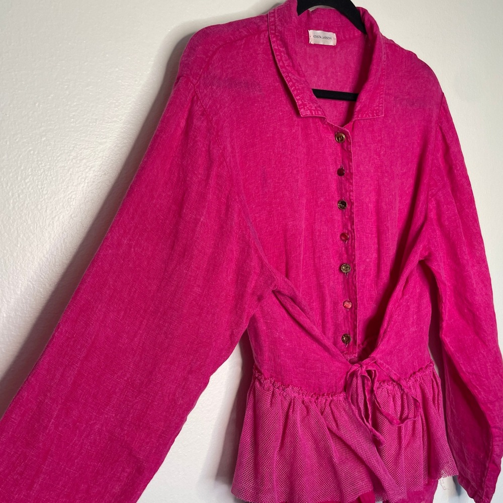 Krista Larson 100% Linen Hot Pink Tie Waist Peplum Blouse Jacket OS Lagenlook - Picture 3 of 9